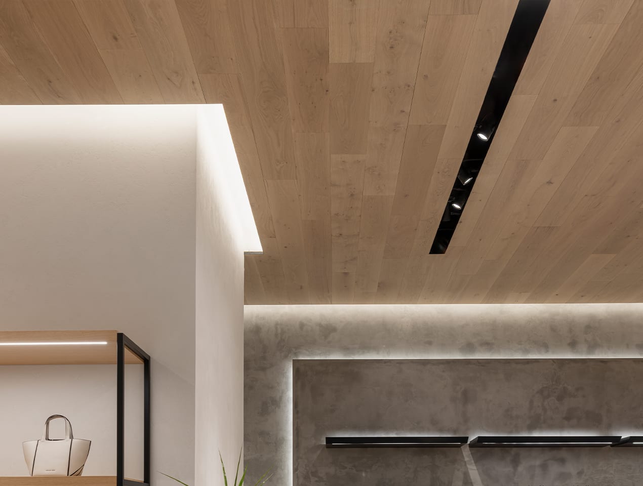 A Michael Kors store featuring Havwoods Orleans de Loire timber boards installed as feature ceiling.